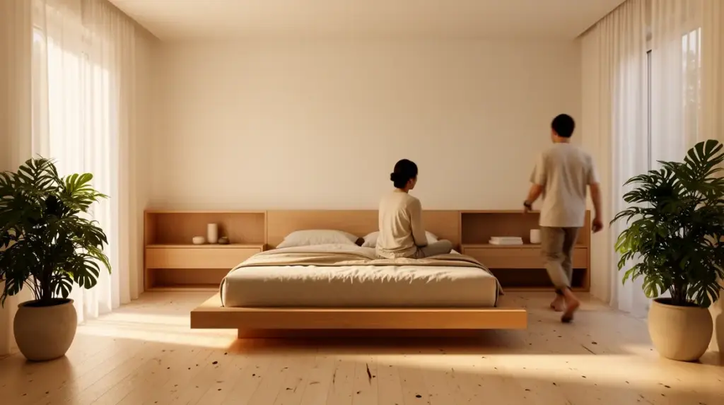 Vue chambre zen murs blanc cassé, meubles bois naturel, plantes, lumière douce
