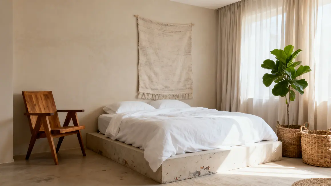 Espace chambre zen minimaliste lit déco naturelle
