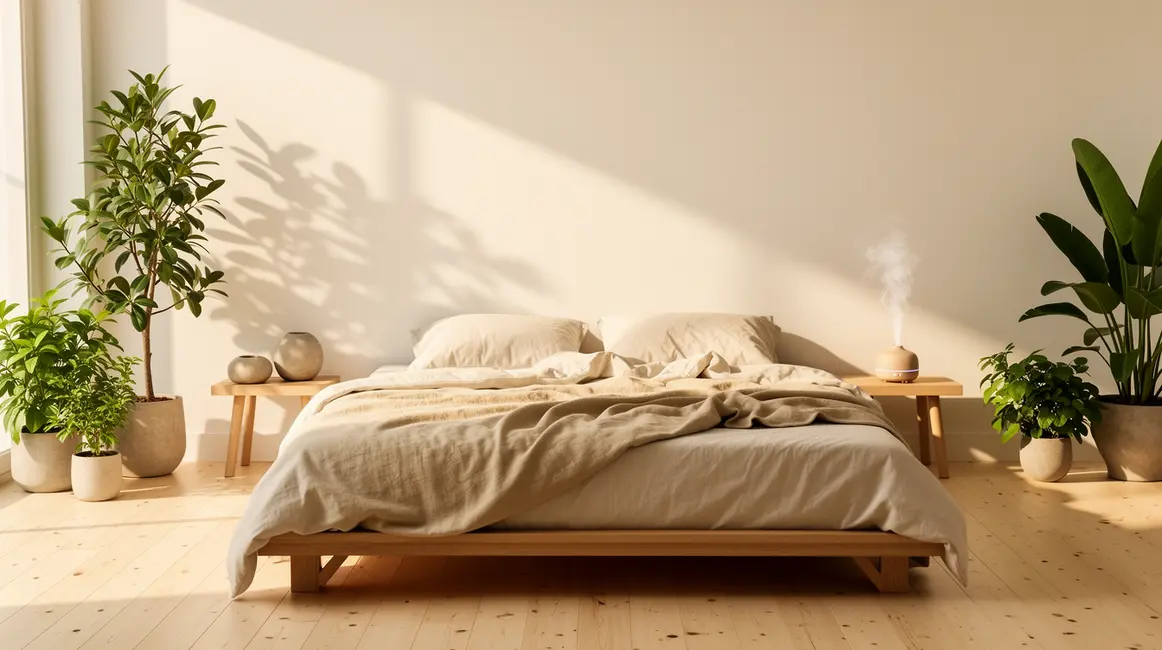 chambre zen : avantages, limites et alternatives 56 chambre zen minimaliste sol bois draps beiges plantes