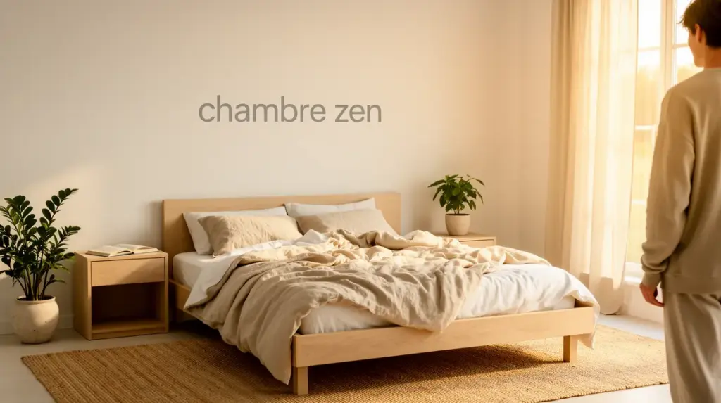 chambre zen minimaliste murs clairs mobilier bois plantes