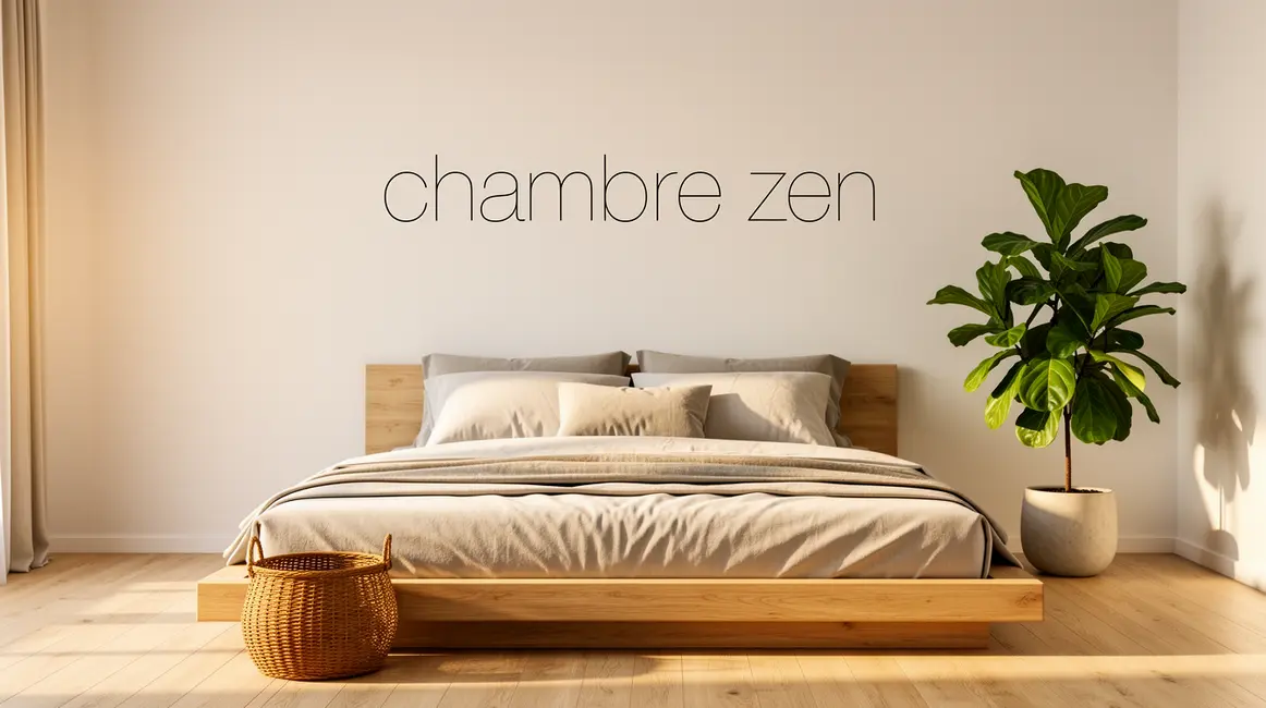 Chambre zen minimaliste murs clairs bois clair coussins sobres lumière douce