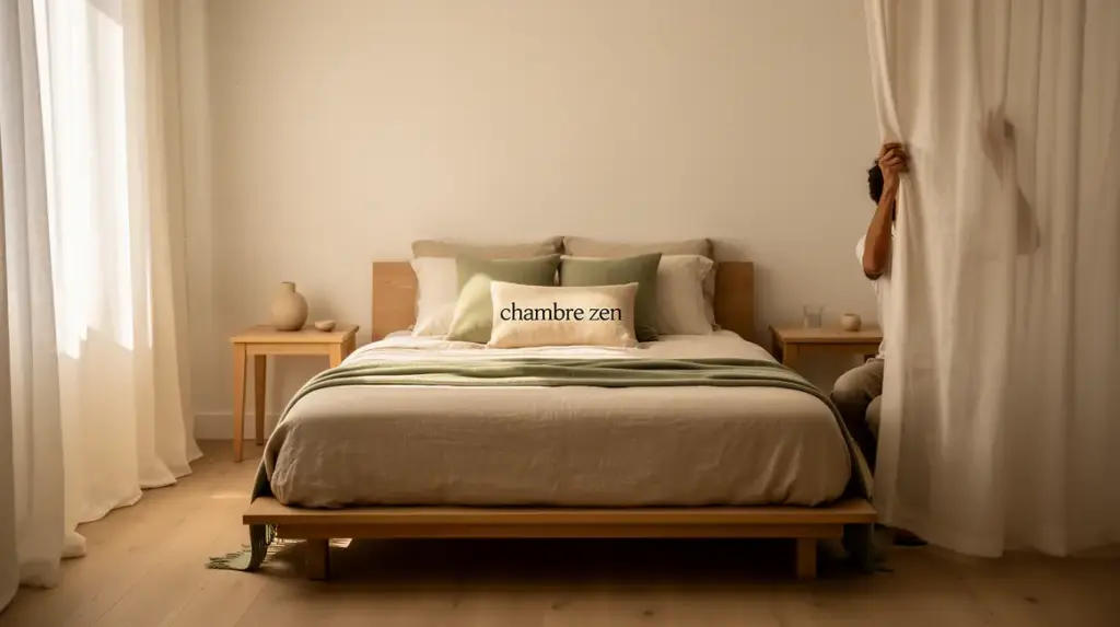 Chambre zen épurée, couleurs douces, textiles naturels