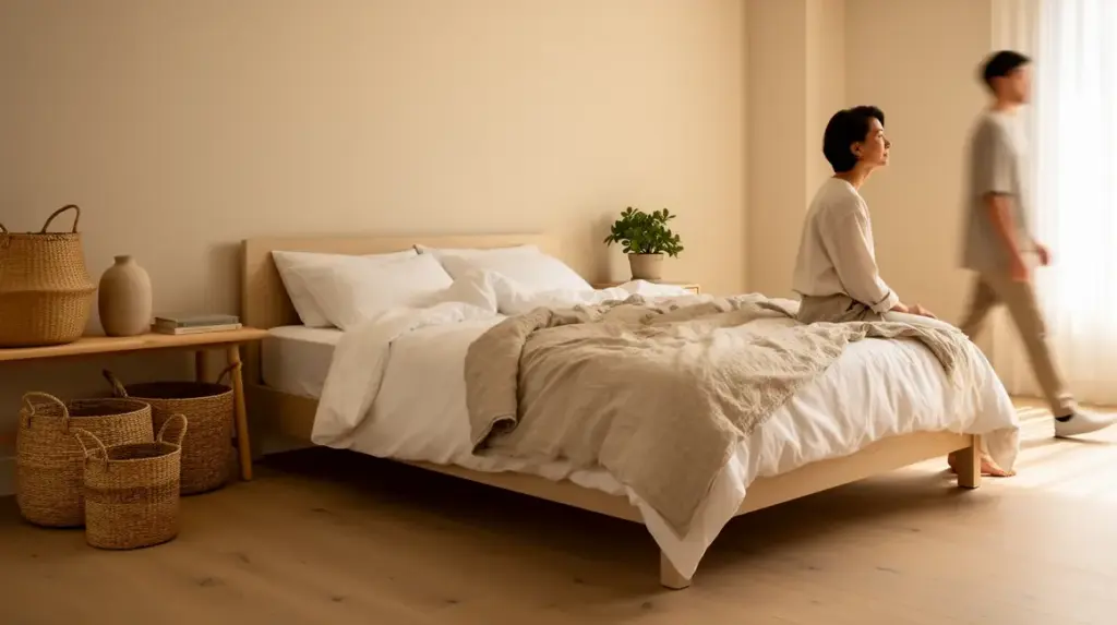 Chambre zen moderne ambiance douce avec bois clair et paniers naturels