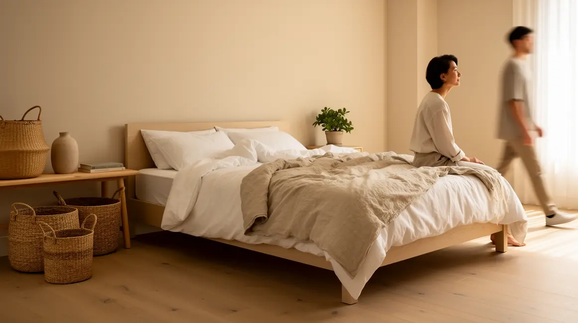Chambre zen moderne ambiance douce avec bois clair et paniers naturels
