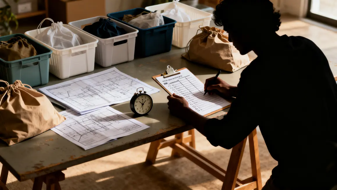 Personne utilisant checklist et minuteur pour rituel de rangement