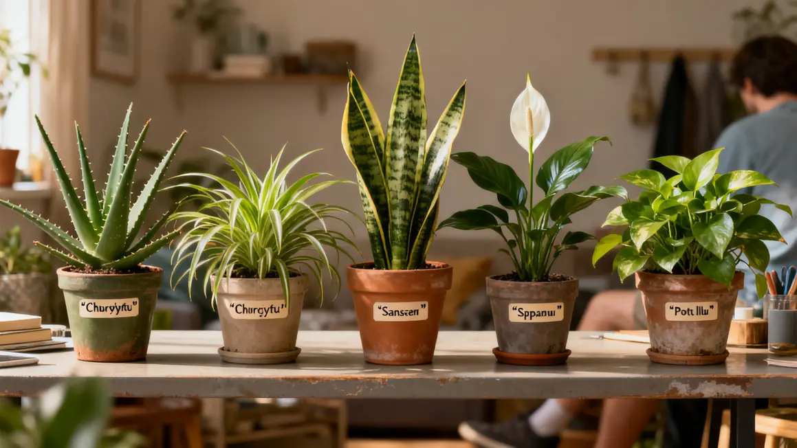plantes dépolluantes : guide pratique pour bien commencer en petit budget 3 Photo cinq plantes dépolluantes d'intérieur sur étagère