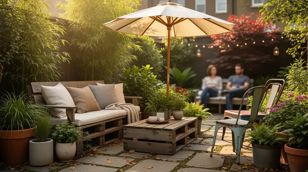coin détente de jardin zen avec mobilier de récupération et plantes