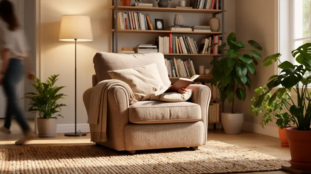 coin lecture cosy avec fauteuil et lampe