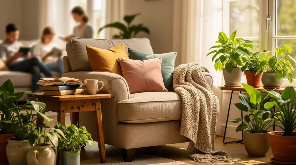 coin lecture cosy fauteuil fenêtre plaid coussins plantes
