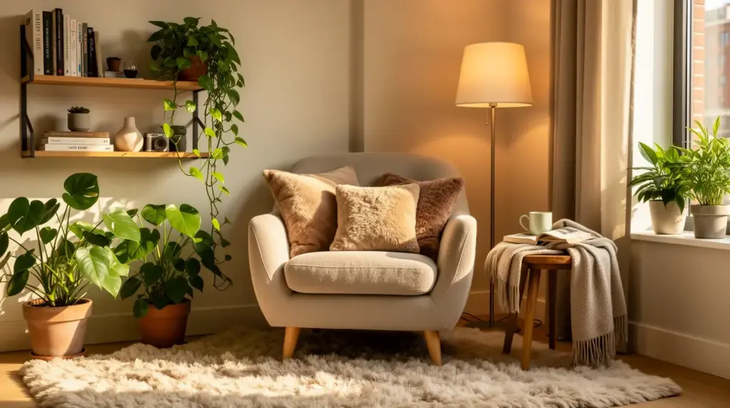 coin lecture chaleureux fauteuil confortable