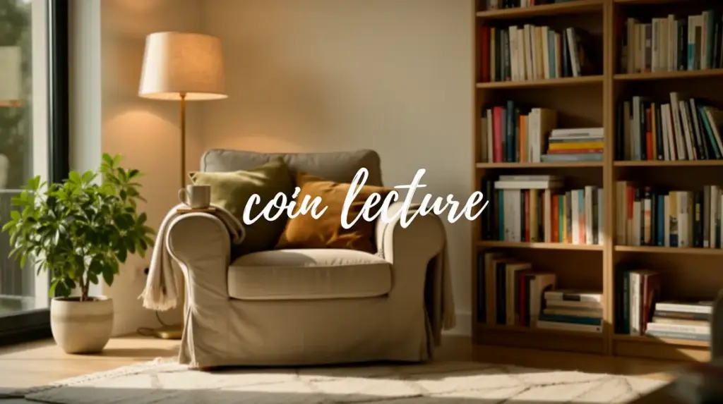 Coin lecture cosy avec fauteuil confortable, lumière naturelle, étagère à livres, plante verte