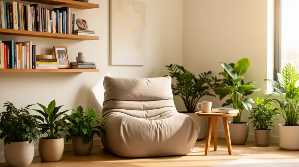 coin lecture en 2026 minimaliste fauteuil enveloppant étagères bois lumière naturelle