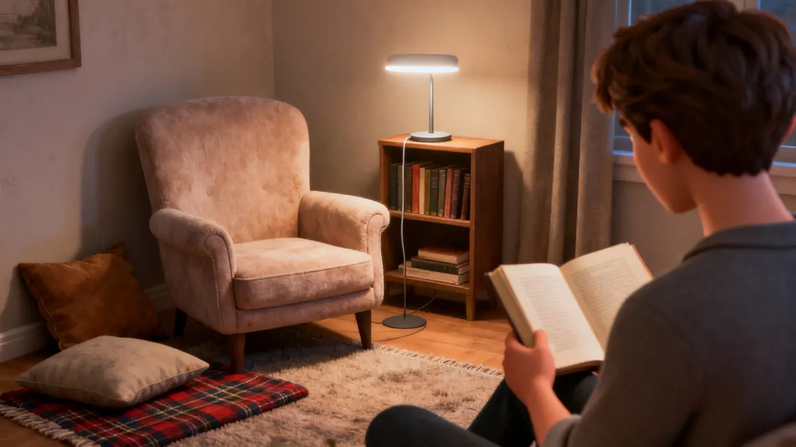 coin lecture cosy fauteuil moelleux lampe led bibliotheque