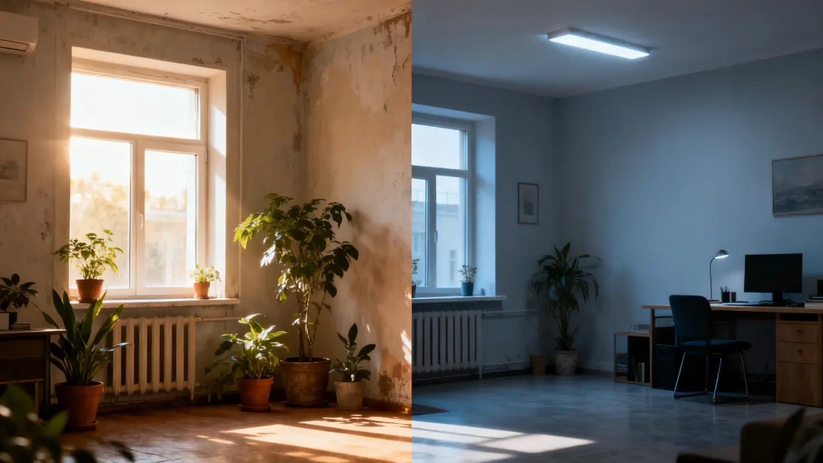 Pièce éclairée lumière naturelle et artificielle lux comparés