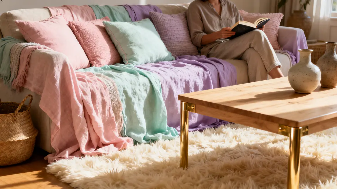 Palette pastel lin coton décoration douce sur canapé