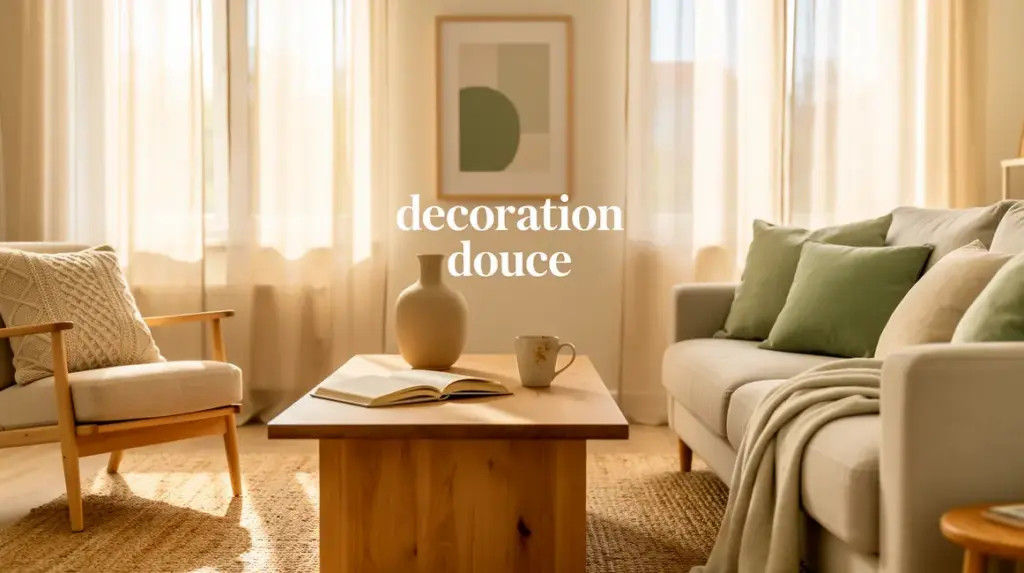 Salon decoration douce beige vert sauge bois clair textures