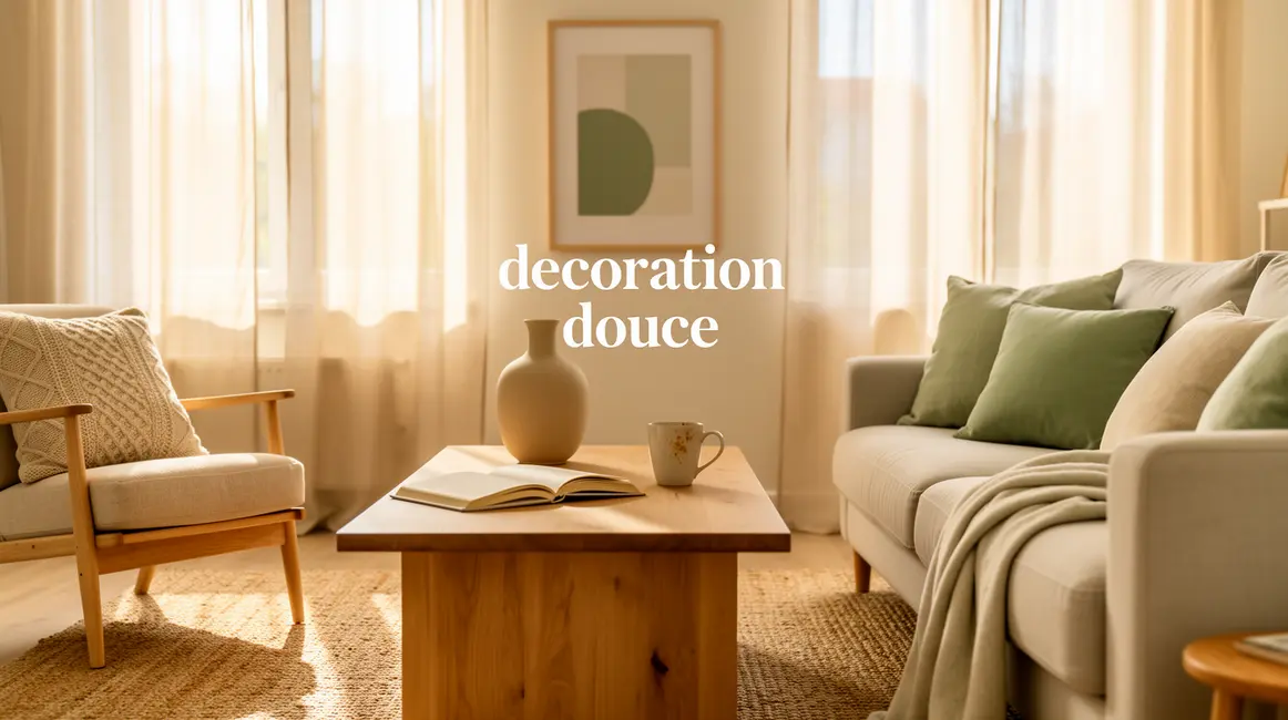 Salon decoration douce beige vert sauge bois clair textures