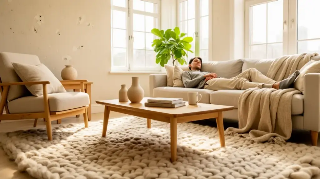 decoration douce salon lumineux avec meubles bois clair et textile