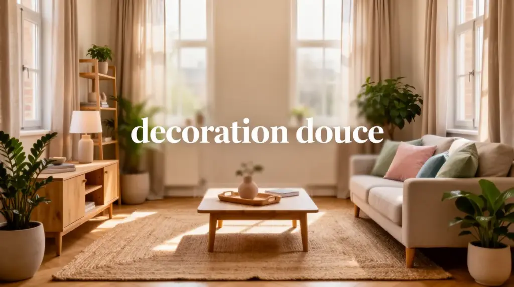 Salon lumineux décoration douce tapis naturel bois plantes coussins pastel