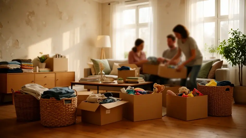 désencombrement maison, salon organisé avec boîtes et paniers