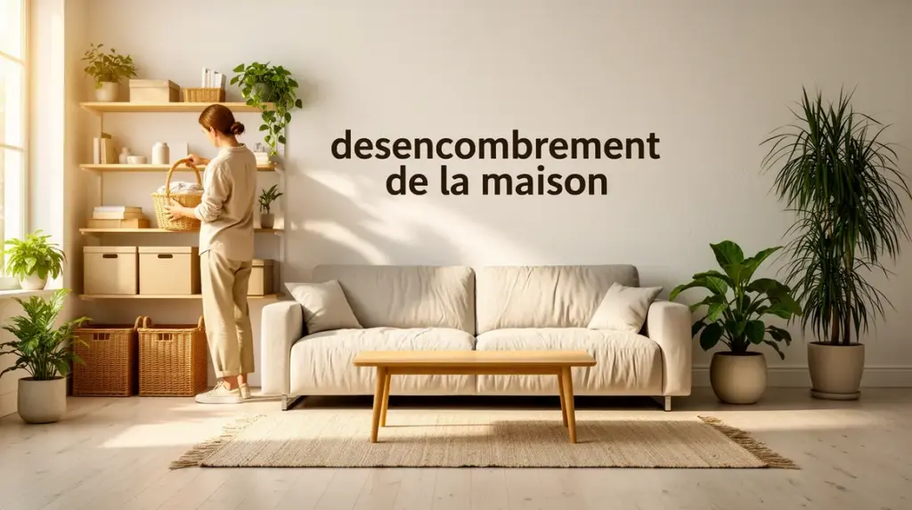 Salon moderne desencombre avec rangement et plantes vertes