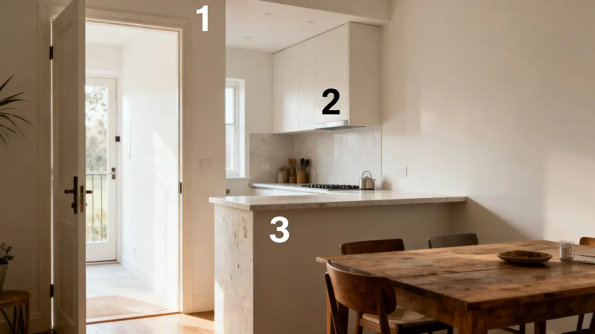 désencombrement maison, entrée cuisine salle à manger dégagées