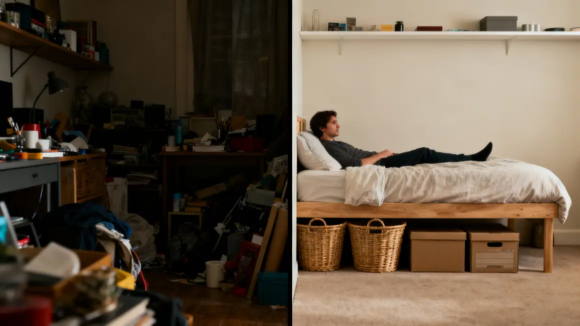 chambre zen : plan d’action simple et réaliste en petit budget 2 Chambre zen avant apres minimaliste rangement paniers et boites