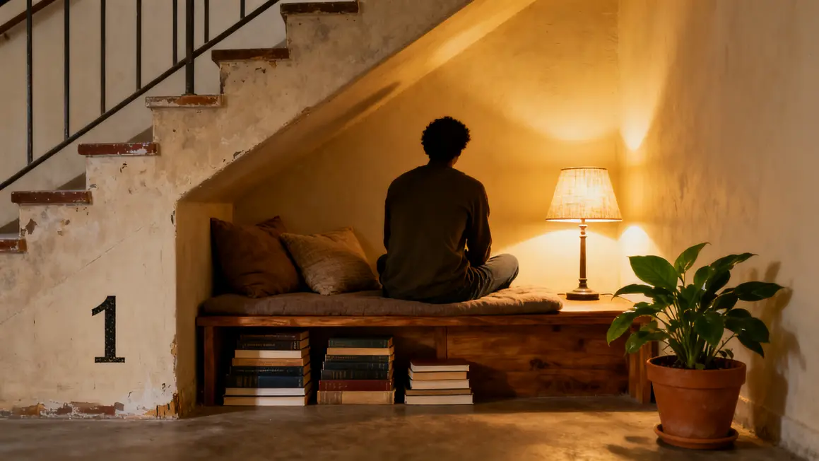 Coin lecture sous escalier banquette livres coussins