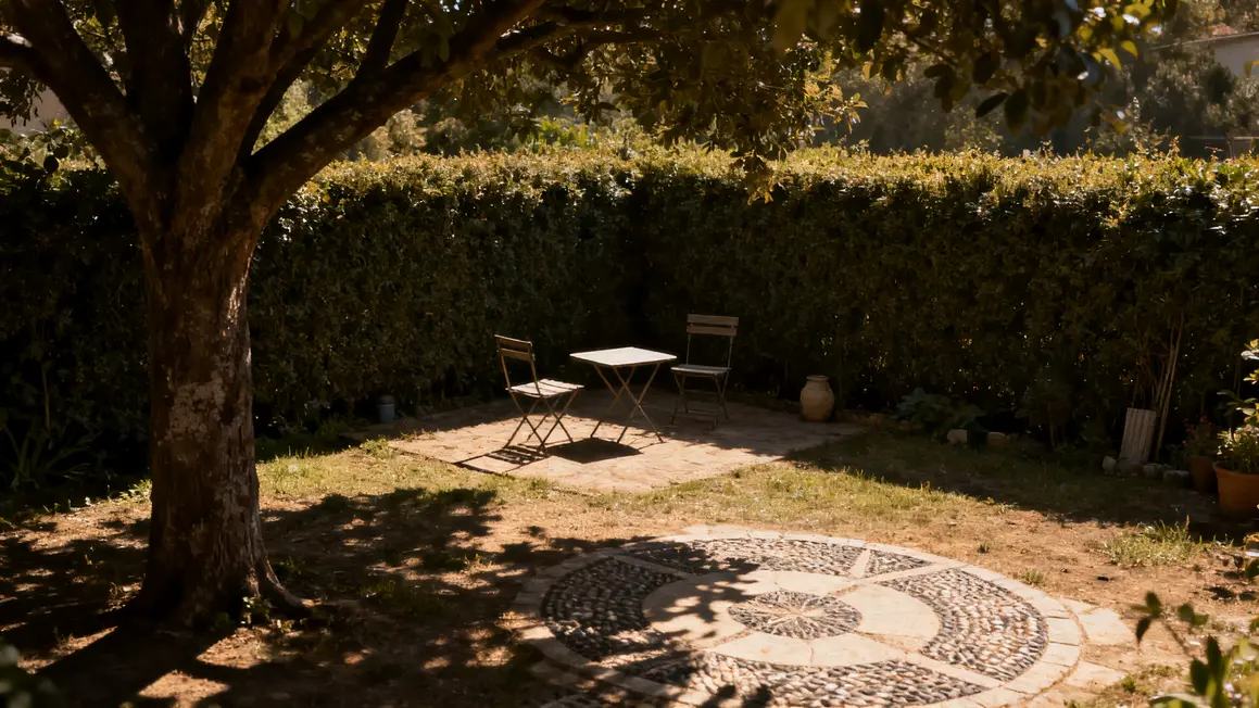 jardin détente calme ombragé schéma emplacement mobilier