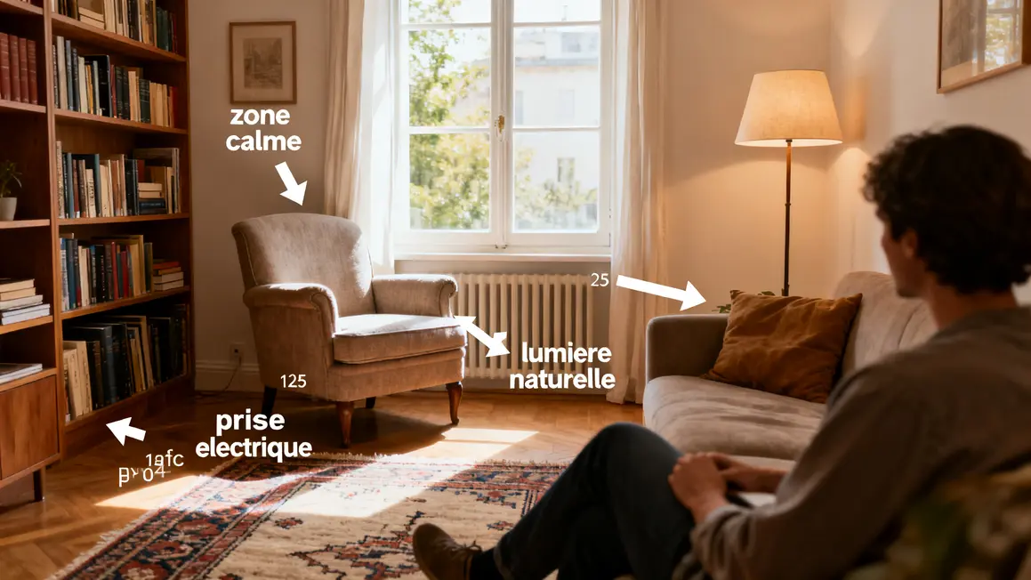 Emplacement coin lecture salon lumineux, fauteuil près fenêtre, critères optimisés
