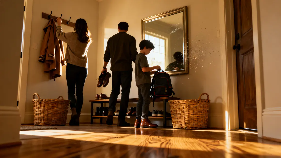 rangement de l’entrée : priorités à vérifier en premier en petit budget 2 famille rangeant manteaux et chaussures, entrée fonctionnelle et ordonnée