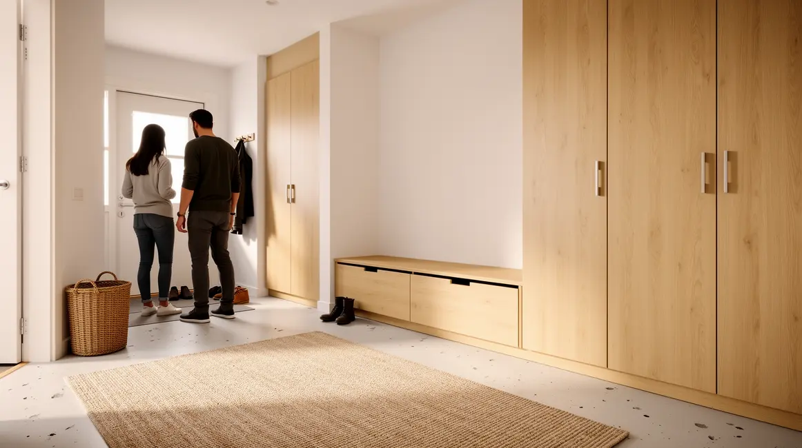 Rangement entrée : créer une zone calme et fonctionnelle 6 Entree lumineuse meuble ferme tapis naturel rangement entree