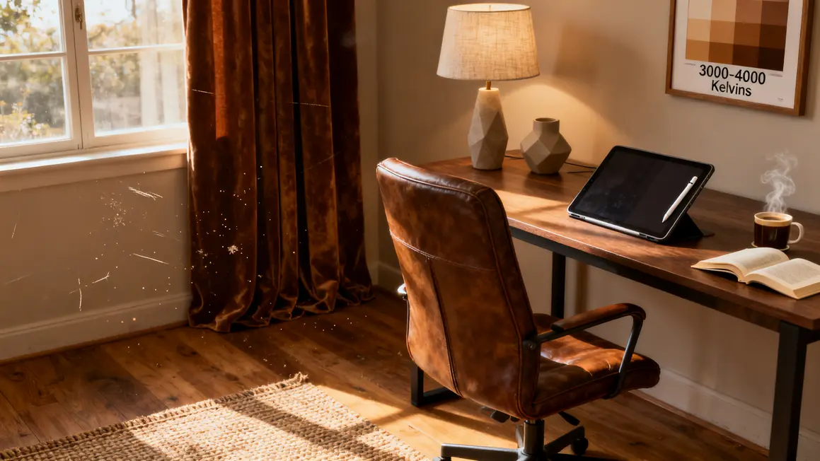 Bureau calme epuré tapis rideaux source lumière naturelle