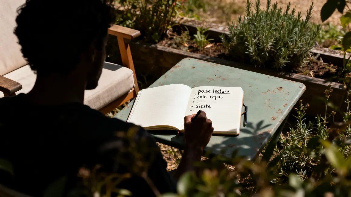 jardin détente : plan d’action simple et réaliste 2 Table carnet besoins jardin détente fauteuil plantes