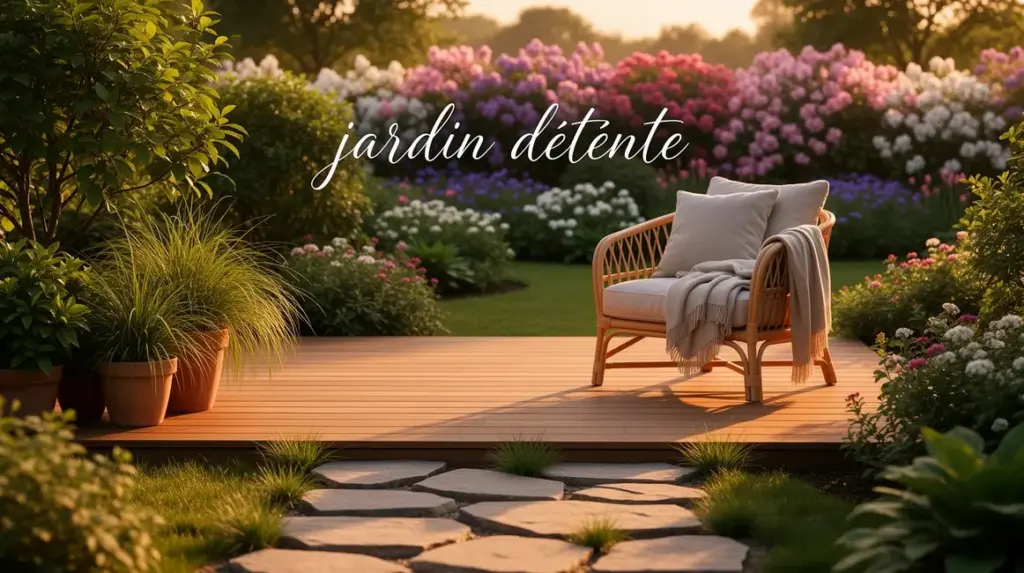 espace jardin detente fauteuil rotin terrasse bois vegetation