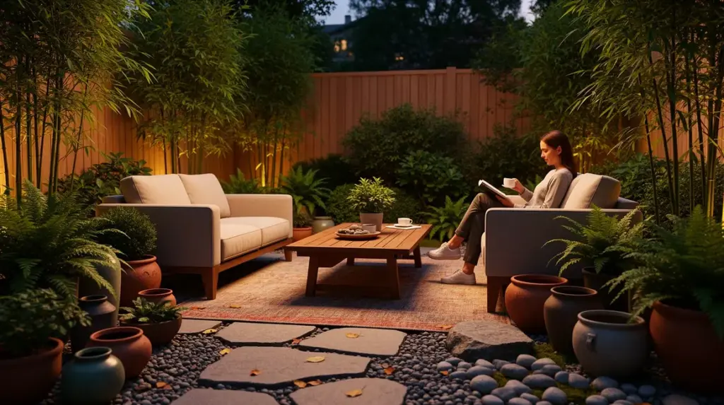 jardin détente avec fauteuils et plantes vertes