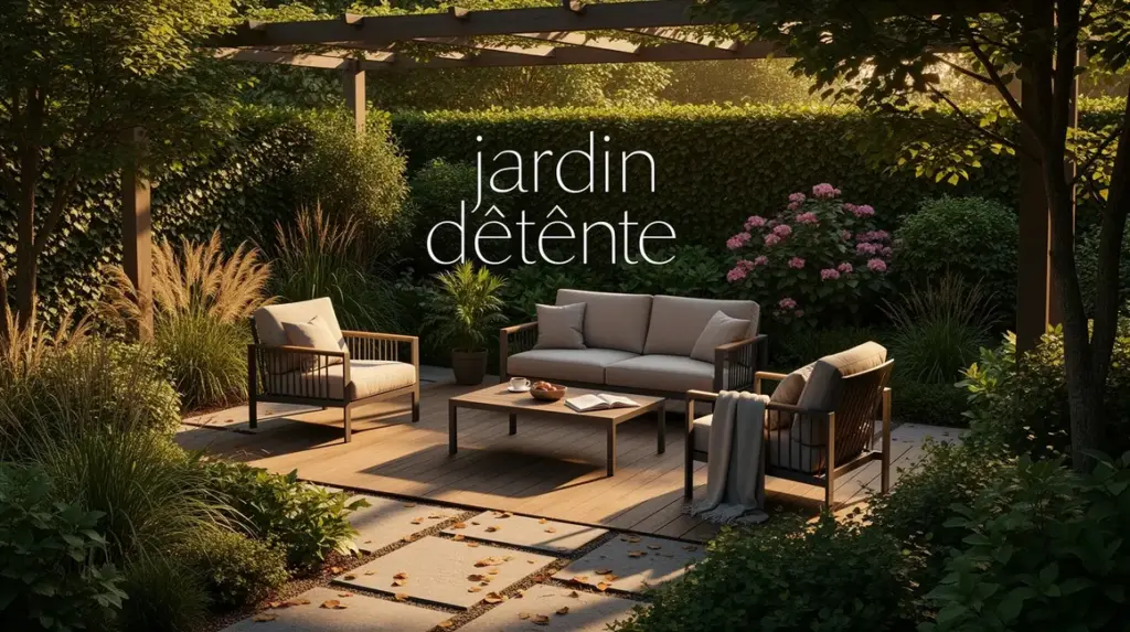 Vue jardin détente harmonieux avec mobilier et plantes luxuriantes