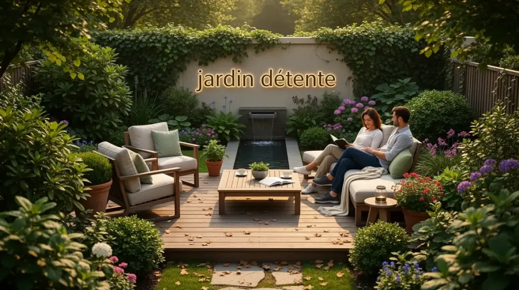Photo réaliste d'un jardin détente luxueux avec terrasse et assises confortables