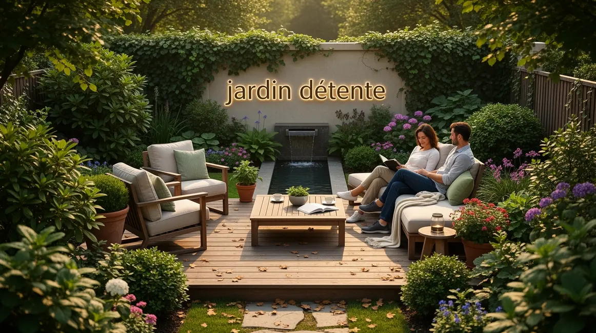 jardin détente : guide pratique pour bien commencer 34 Photo réaliste d'un jardin détente luxueux avec terrasse et assises confortables