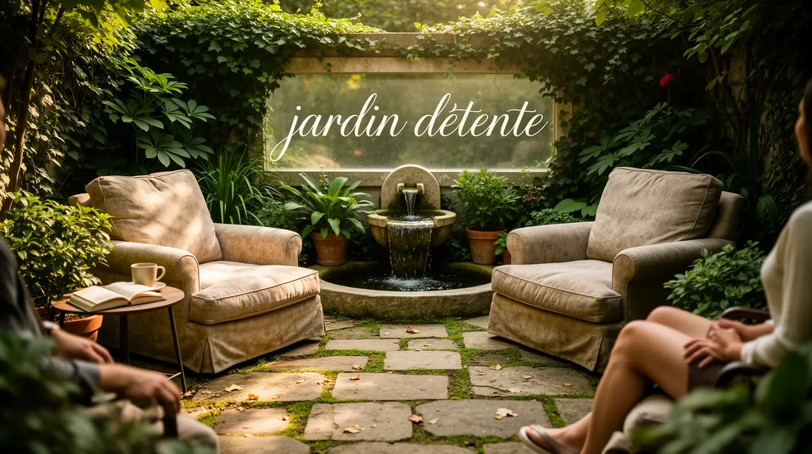 Jardin détente avec fauteuils, plantes, fontaine, ambiance relaxation