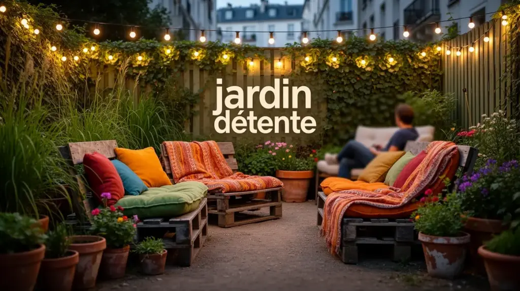 vue jardin détente style chaleureux mobilier récupéré guirlandes solaires
