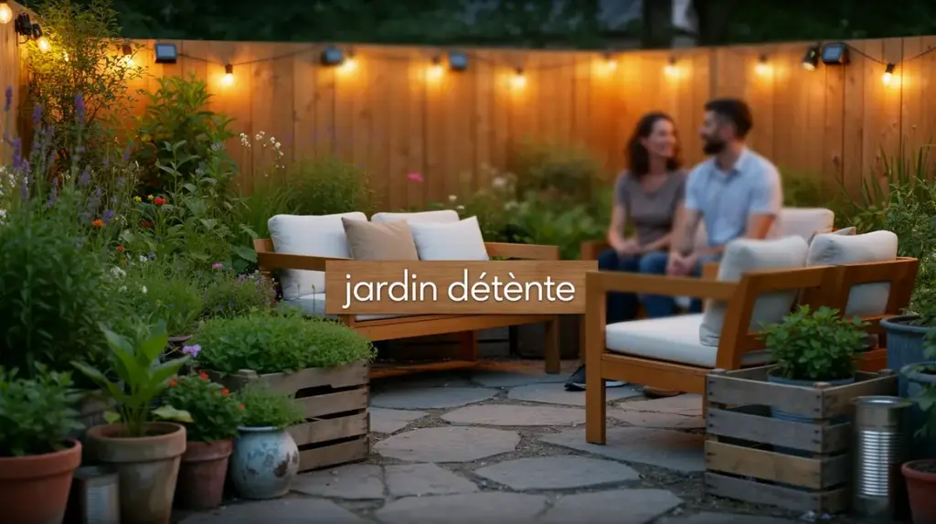 petit jardin détente mobilier bois recup plantes guirlandes solaires