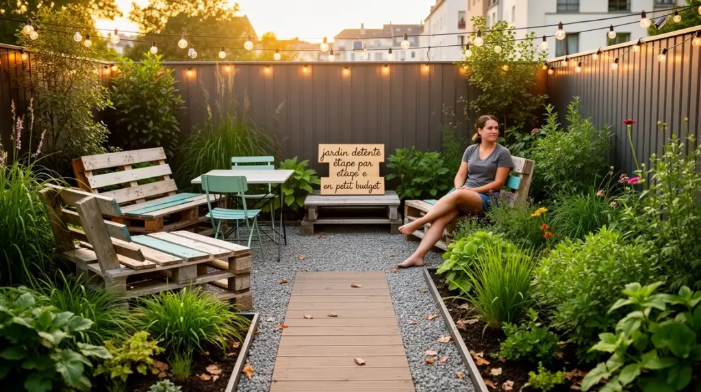petit jardin détente moderne avec mobilier récup vivaces et guirlandes solaires