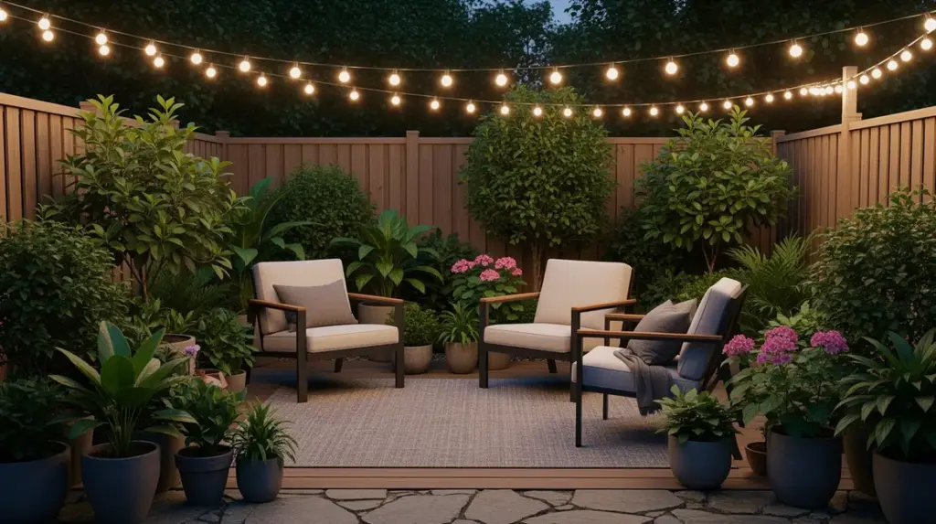 Vue jardin detente mobilier simple guirlandes plantes