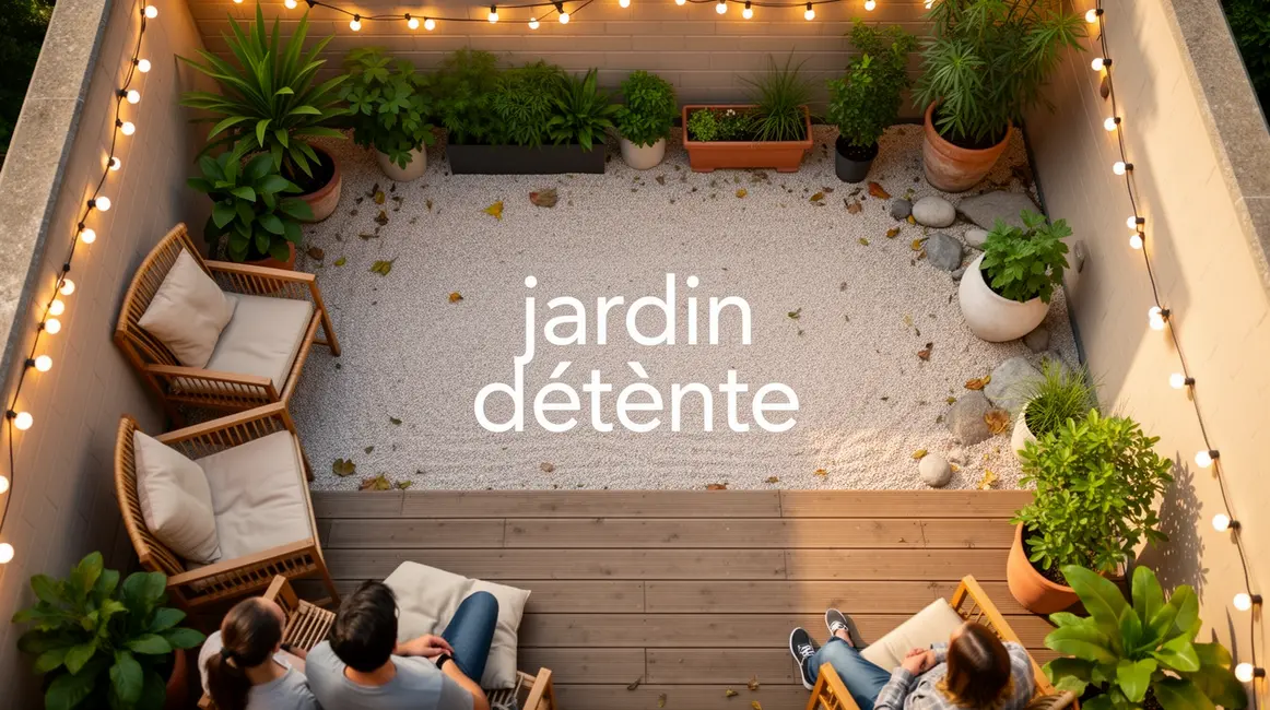 Bien choisir jardin détente : méthode simple et fiable en petit budget 49 Petit jardin détente zen avec mobilier et guirlande lumineuse vu du dessus