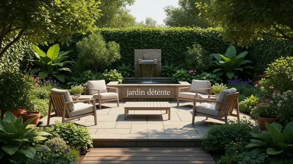 image jardin détente fauteuils plantes fontaine