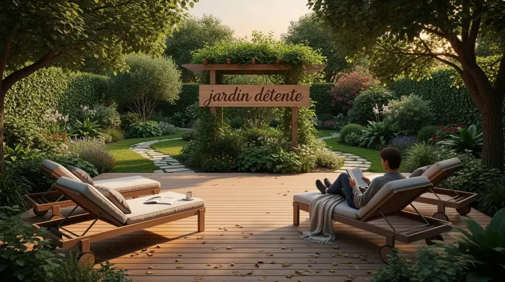 Espace jardin détente avec mobilier extérieur sur terrasse bois
