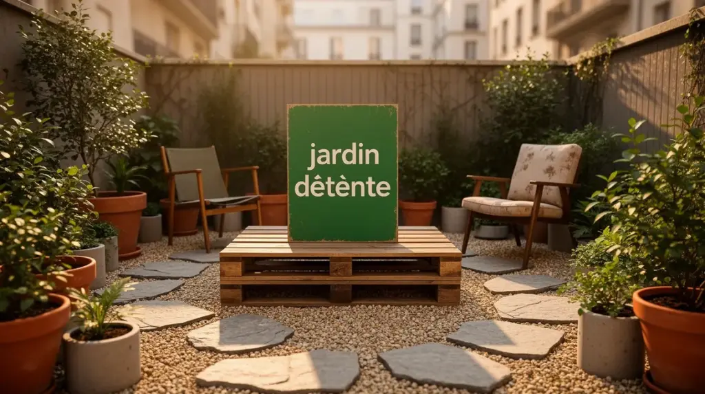 Petit jardin détente urbain avec table chaises plantes locales et gravier