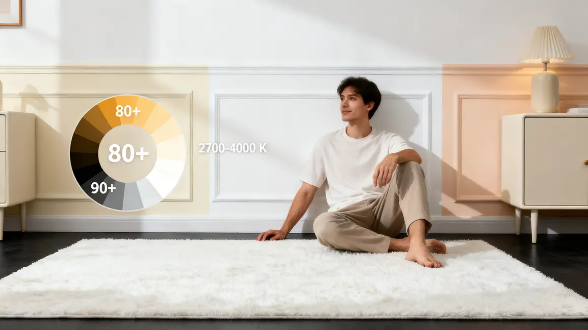 lumière naturelle : erreurs fréquentes à éviter en petit budget 3 mur clair reflet lumineux tapis blanc chiffres kelvin IRC