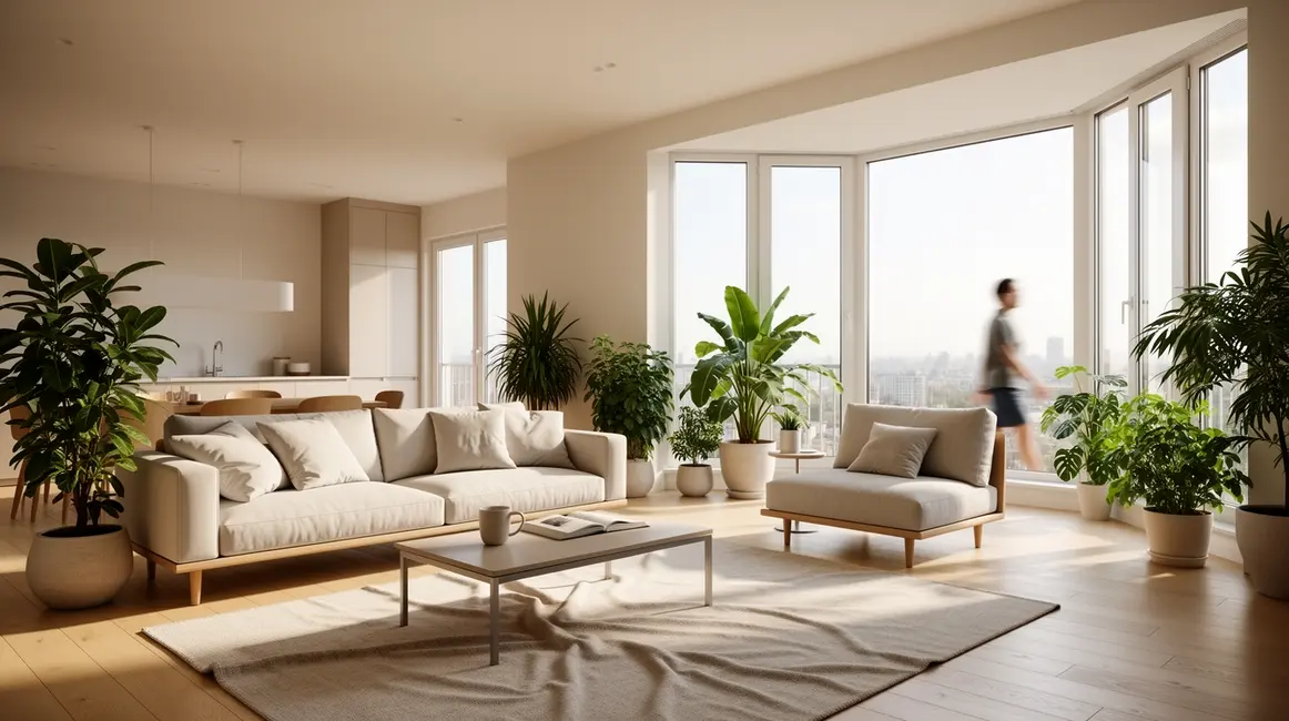 lumière naturelle en 2026 : points clés à connaître 22 Intérieur baigné de lumière naturelle en 2026, grandes baies vitrées, matériaux clairs